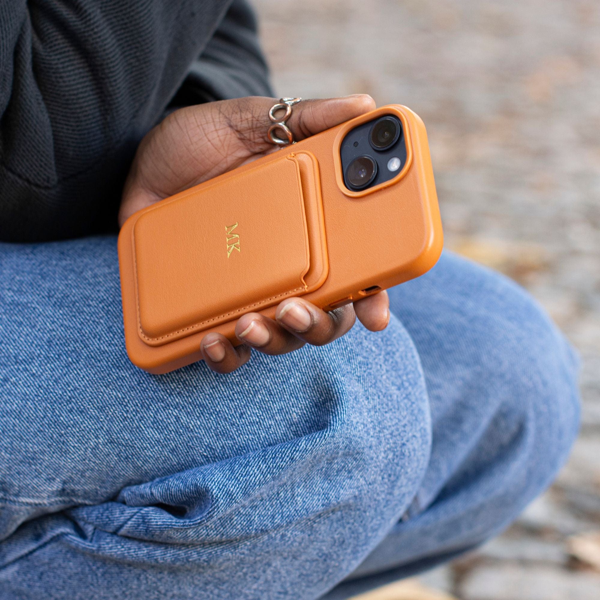 Orange MagSafe Grain Texture Personalized Card Holder