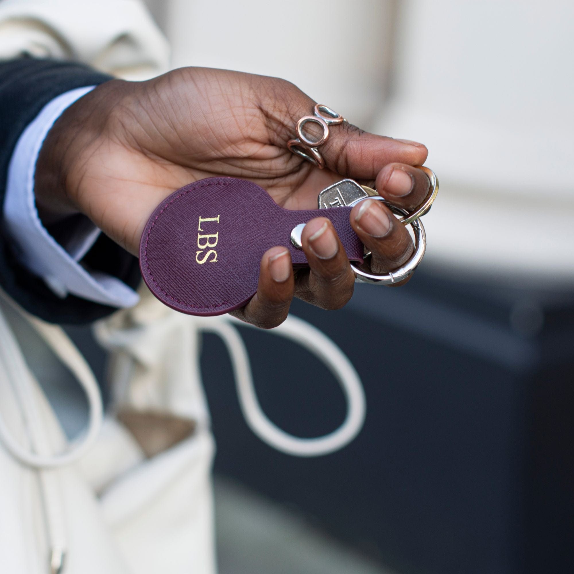 Burgundy Saffiano Leather Personalized Airtag Keyring