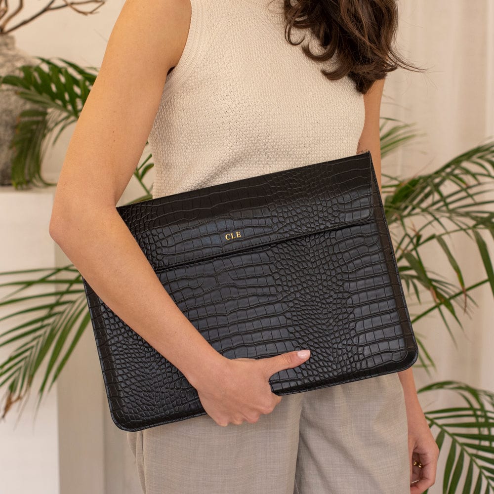 Black Lizard Texture Personalized Laptop Sleeve with Stand