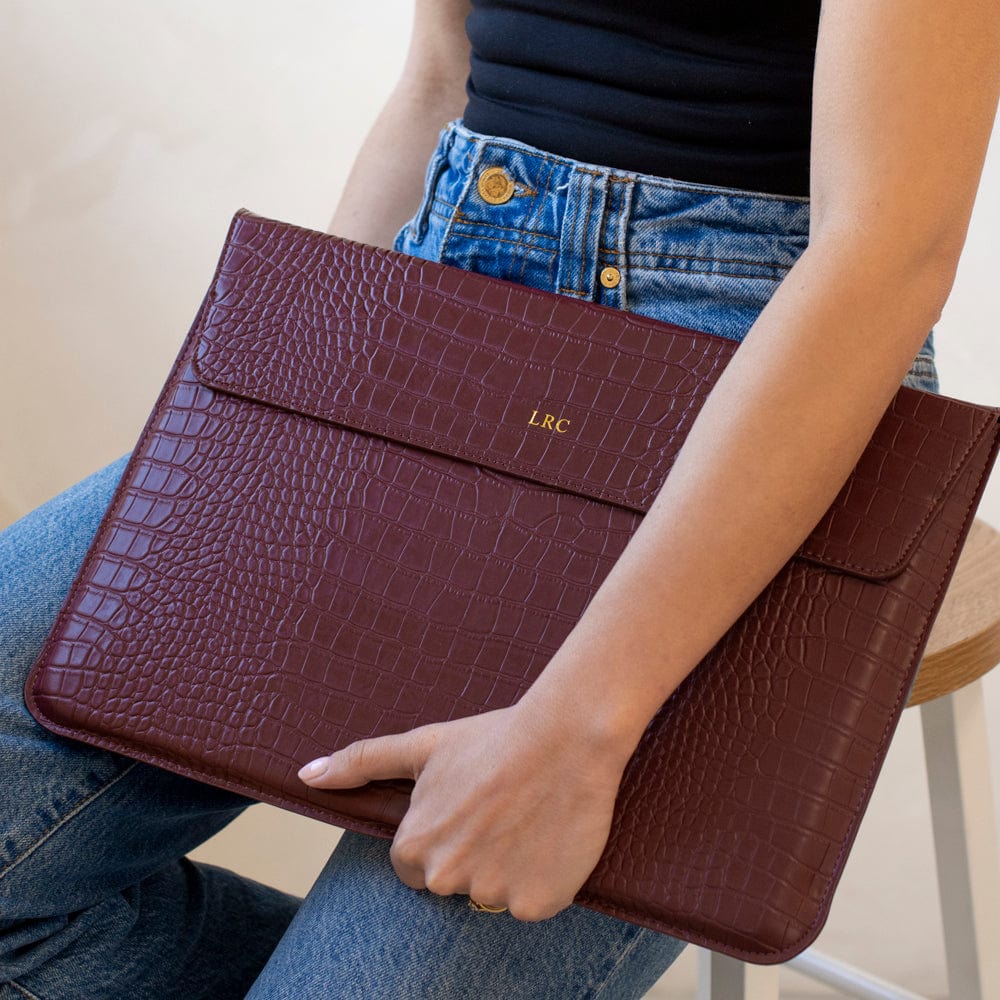 Burgundy Lizard Texture Personalized Laptop Sleeve with Stand