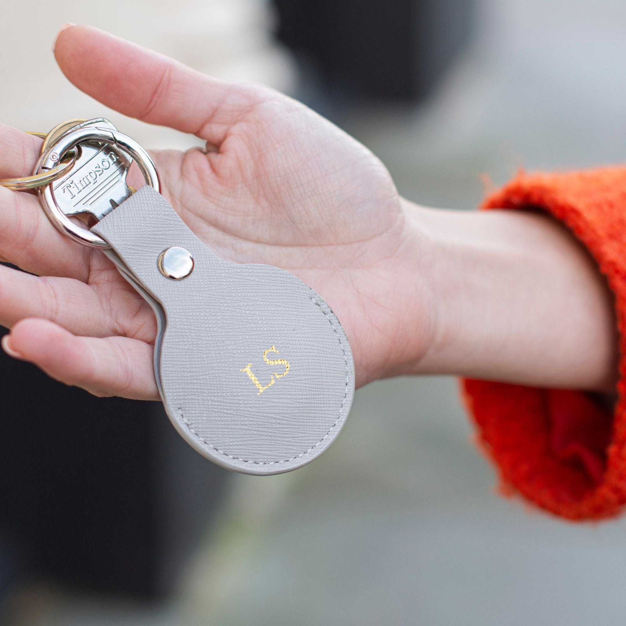 Dove Grey Saffiano Leather Personalized Airtag Keyring