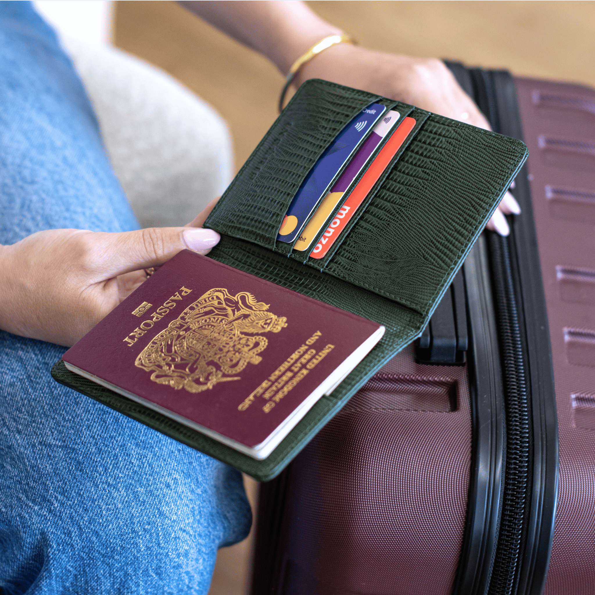 Dark Green Lizard Leather Personalized Passport Holder