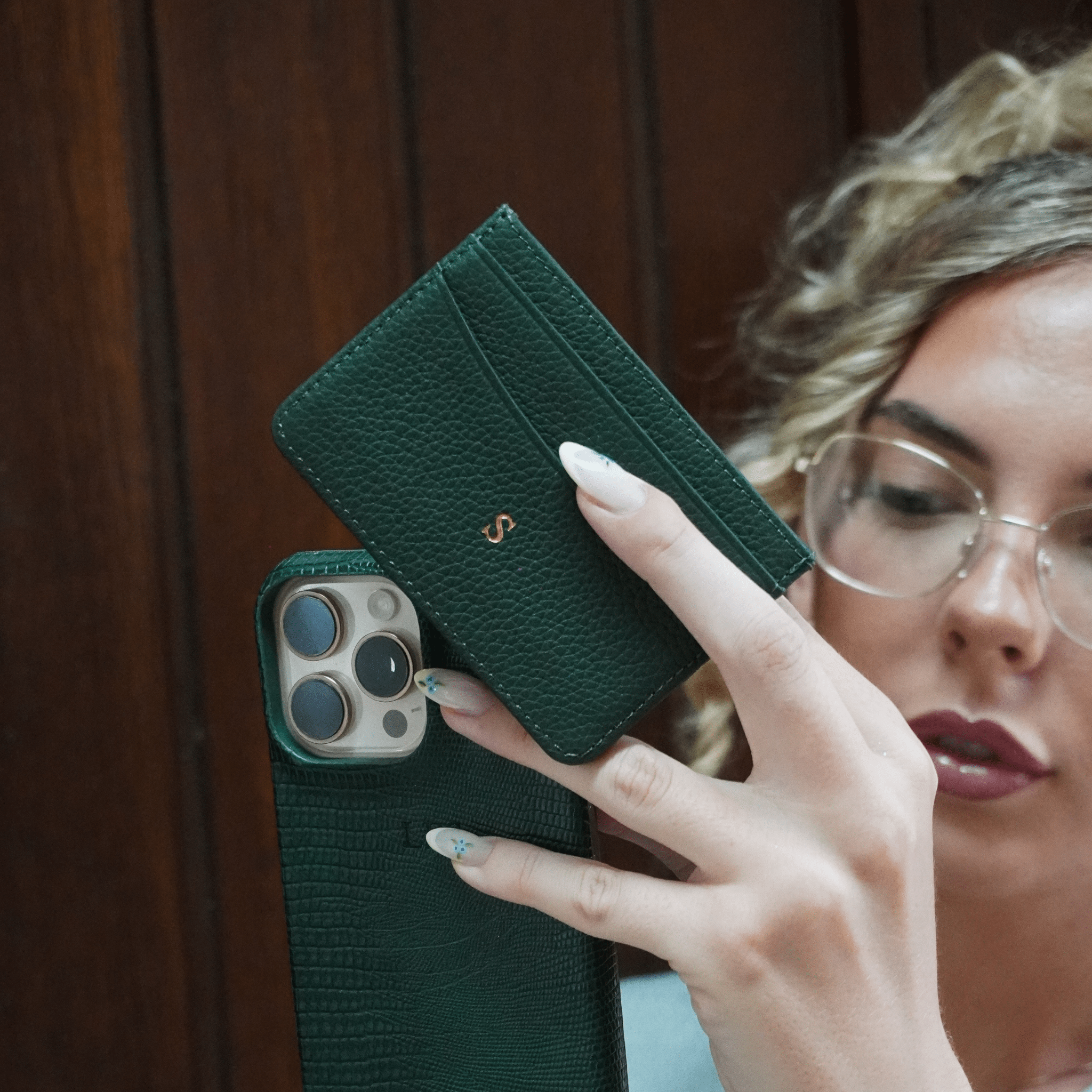 Dark Green Leather Personalized Card Holder
