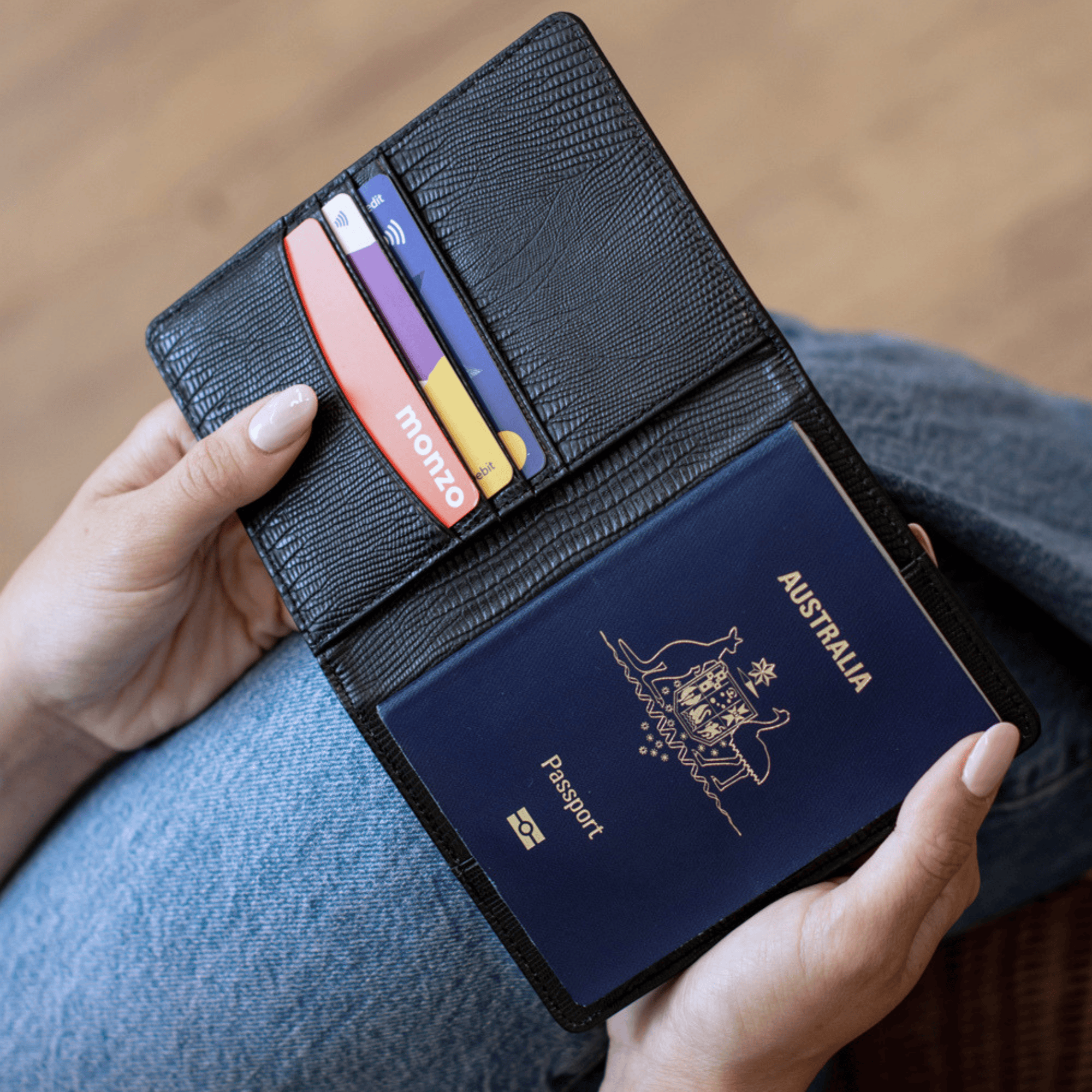 Black Lizard Leather Personalized Passport Holder