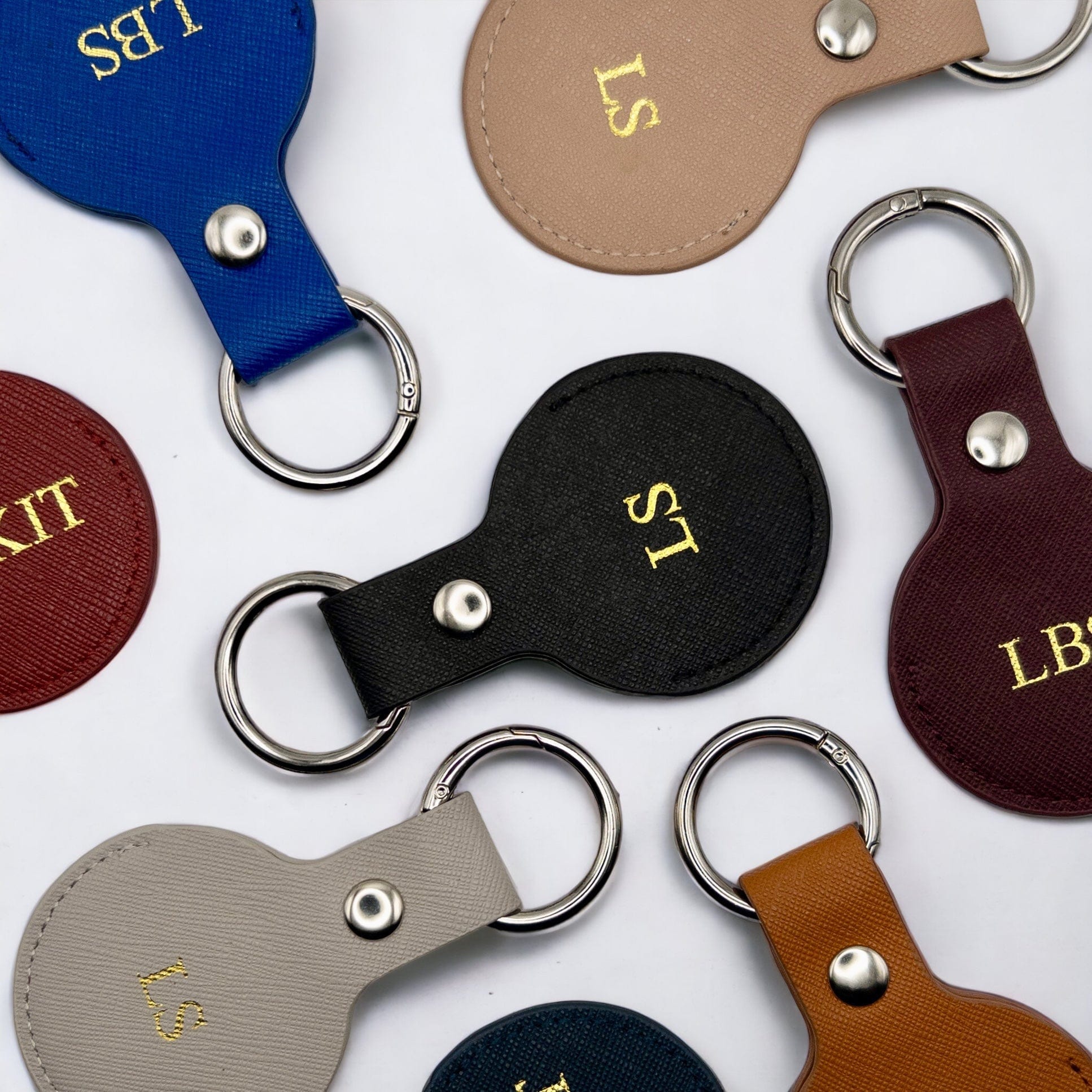 Brown Saffiano Leather Personalized Airtag Keyring