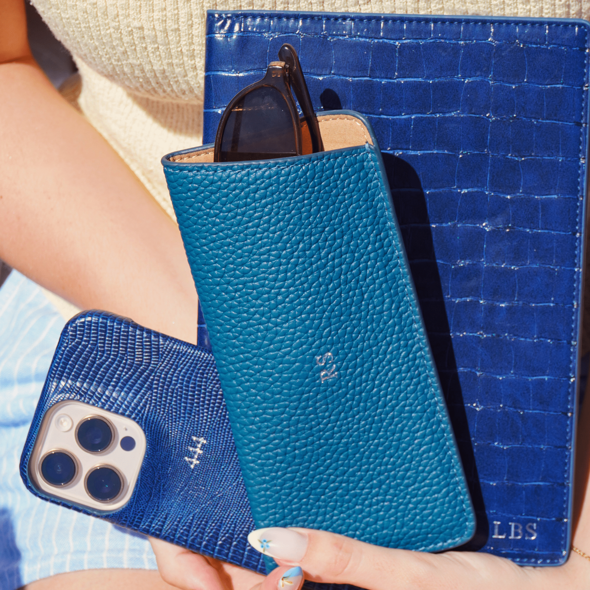 Blue Leather Personalized Glasses Case