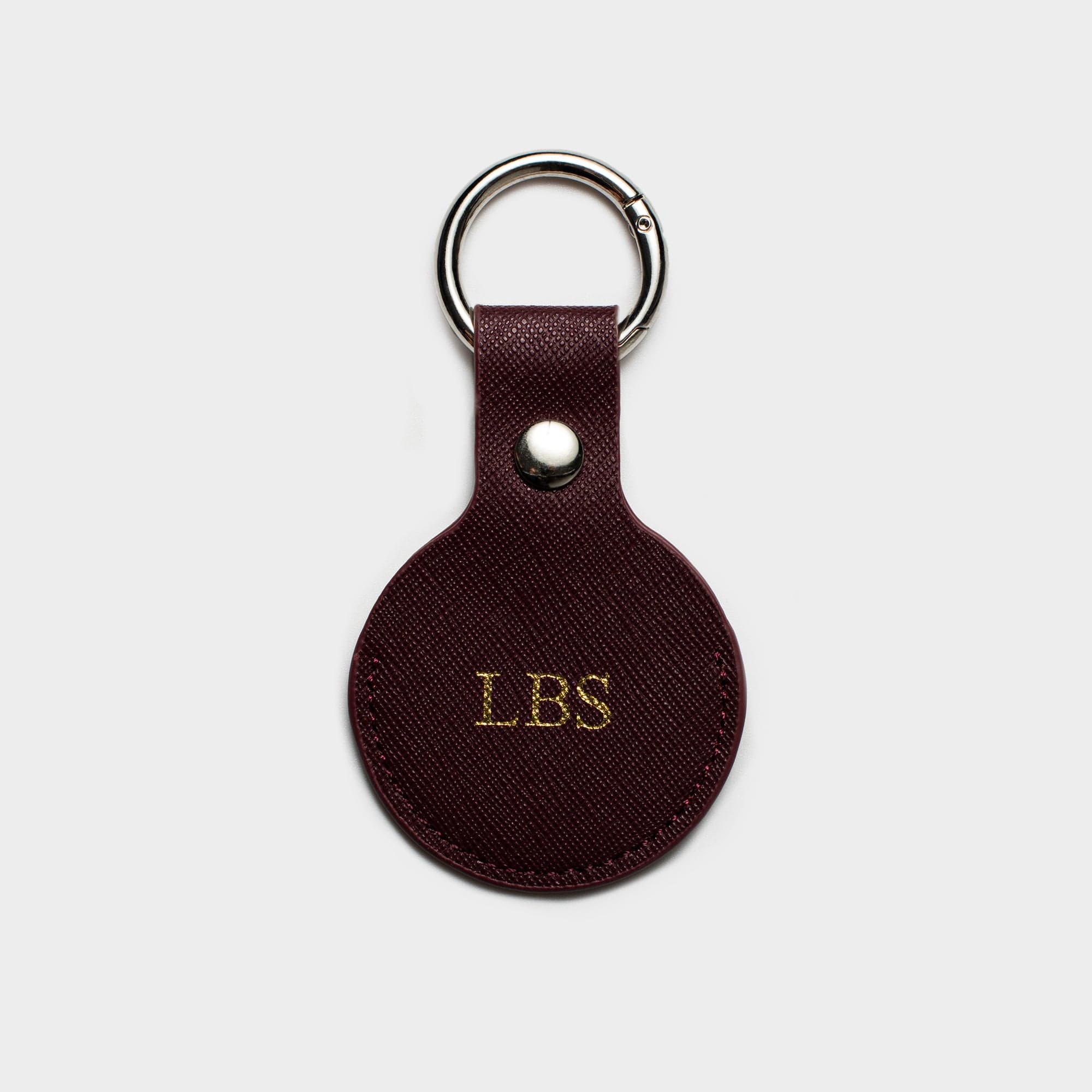 Burgundy Saffiano Leather Personalized Airtag Keyring