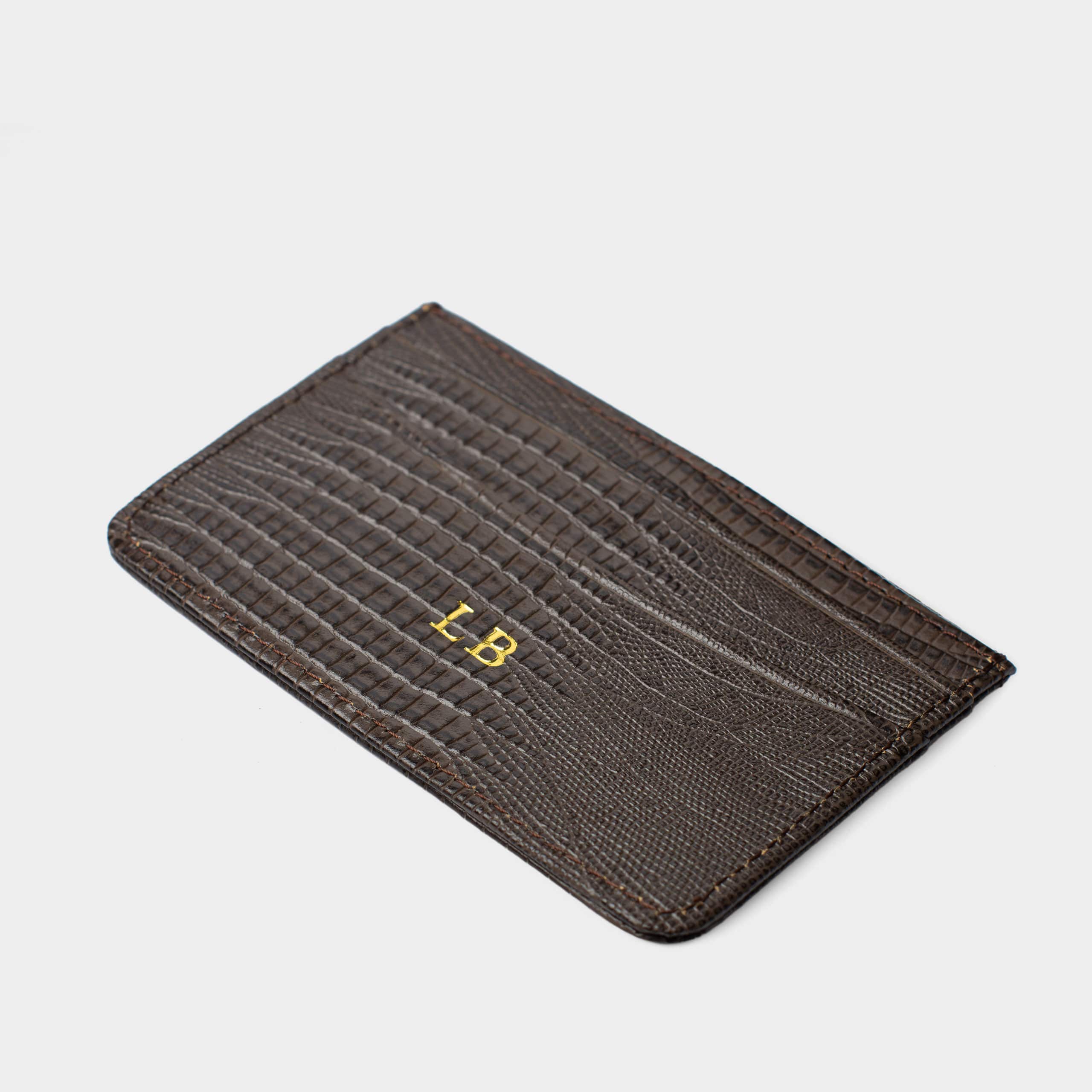 Dark Brown Lizard Leather Personalized Card Holder