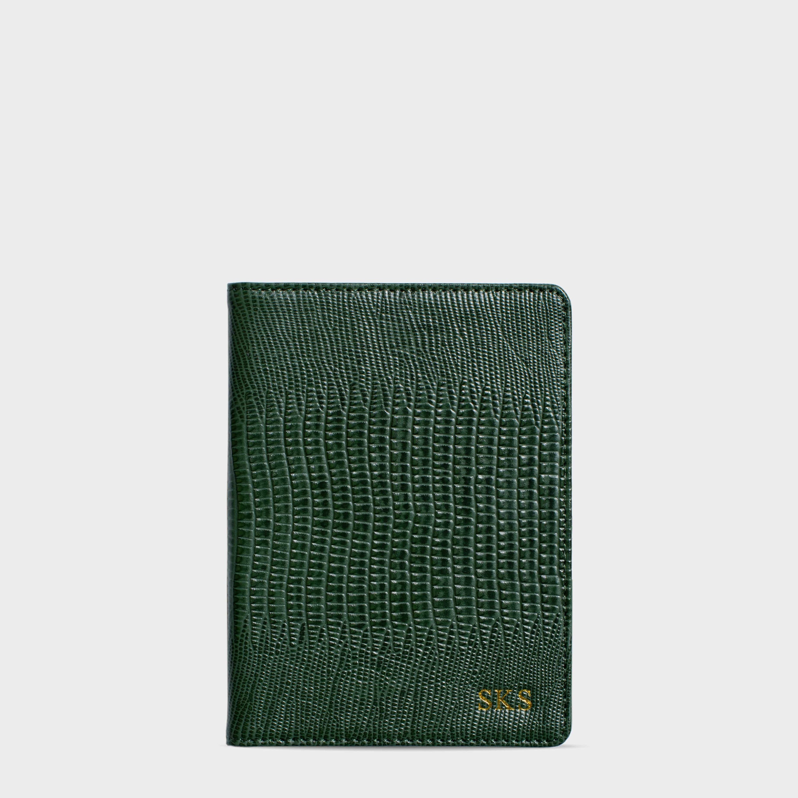 Porte-Passeport Personnalisé Cuir Lézard Vert Foncé