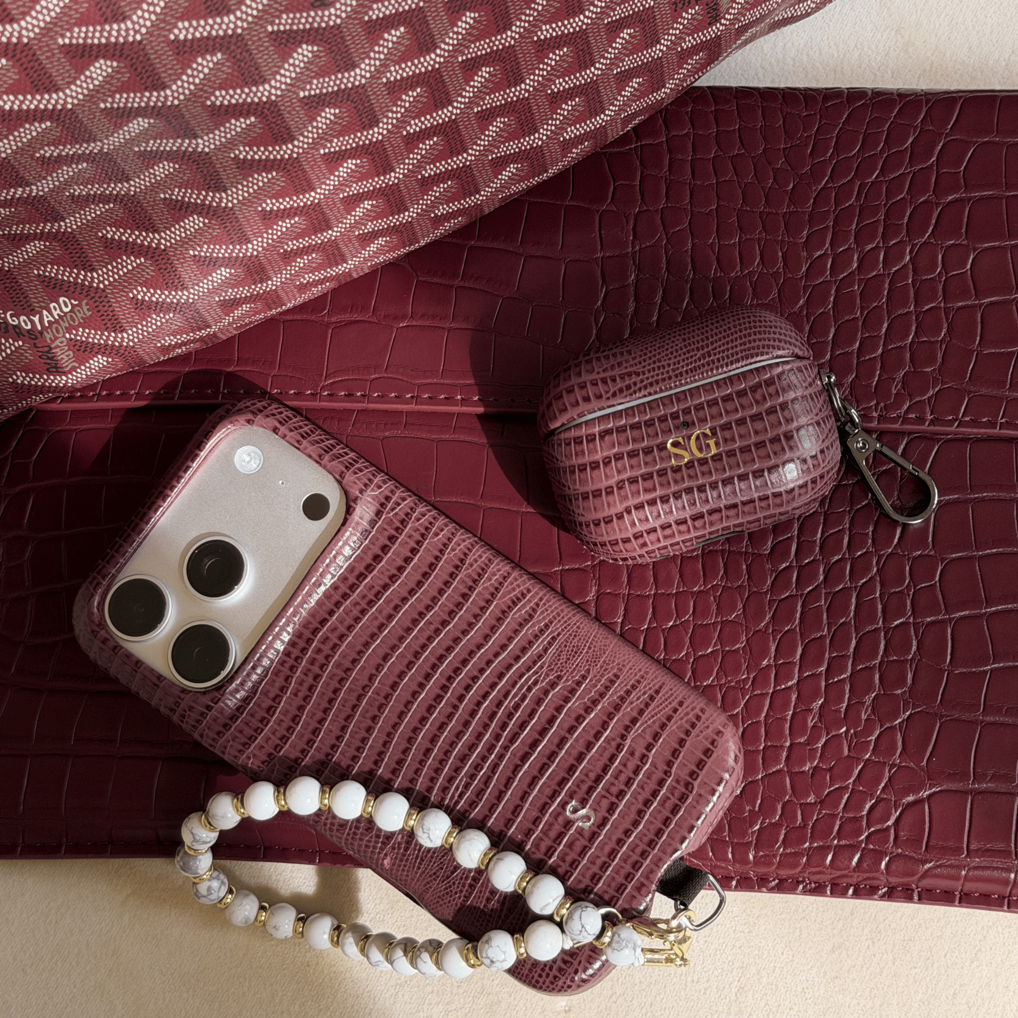Burgundy AirPods Lizard Leather Personalized Case