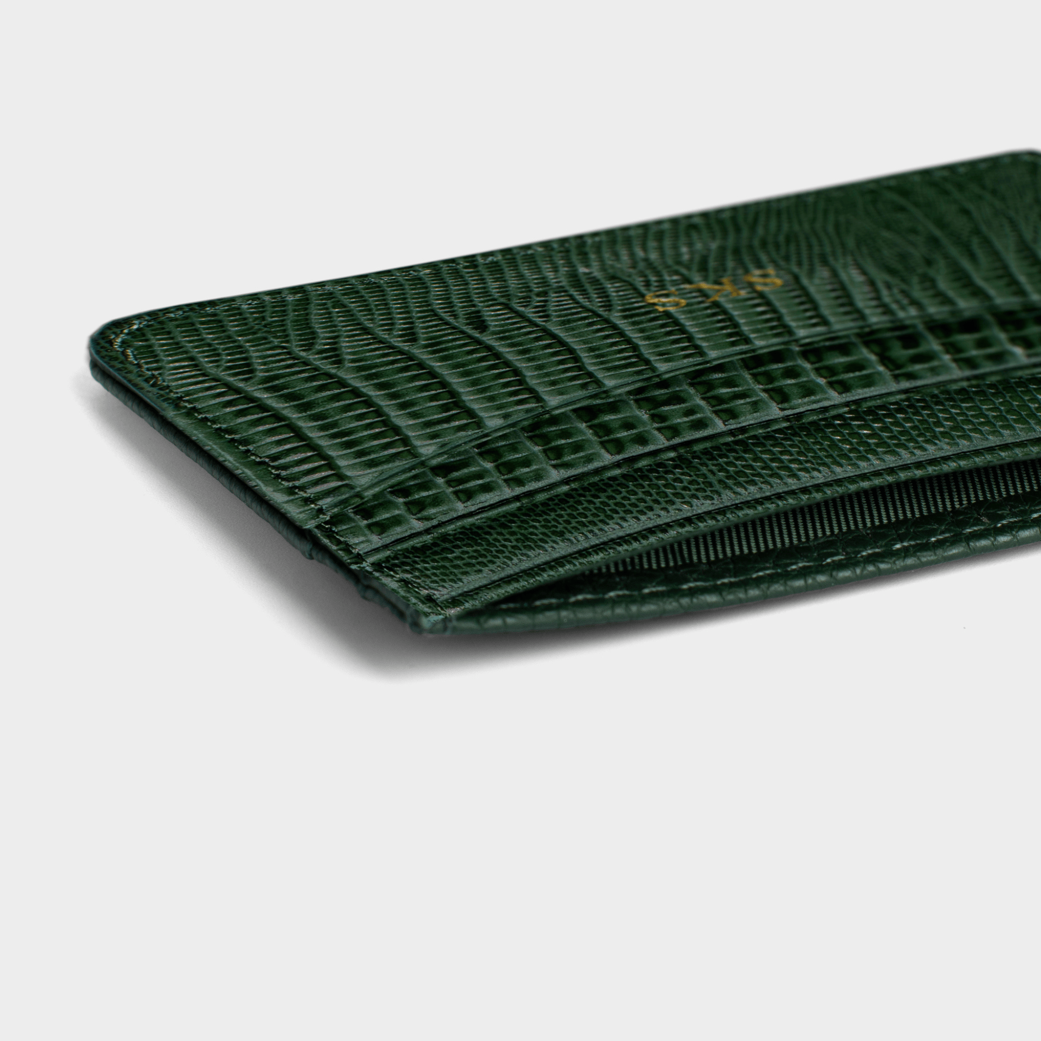 Dark Green Lizard Leather Personalized Card Holder