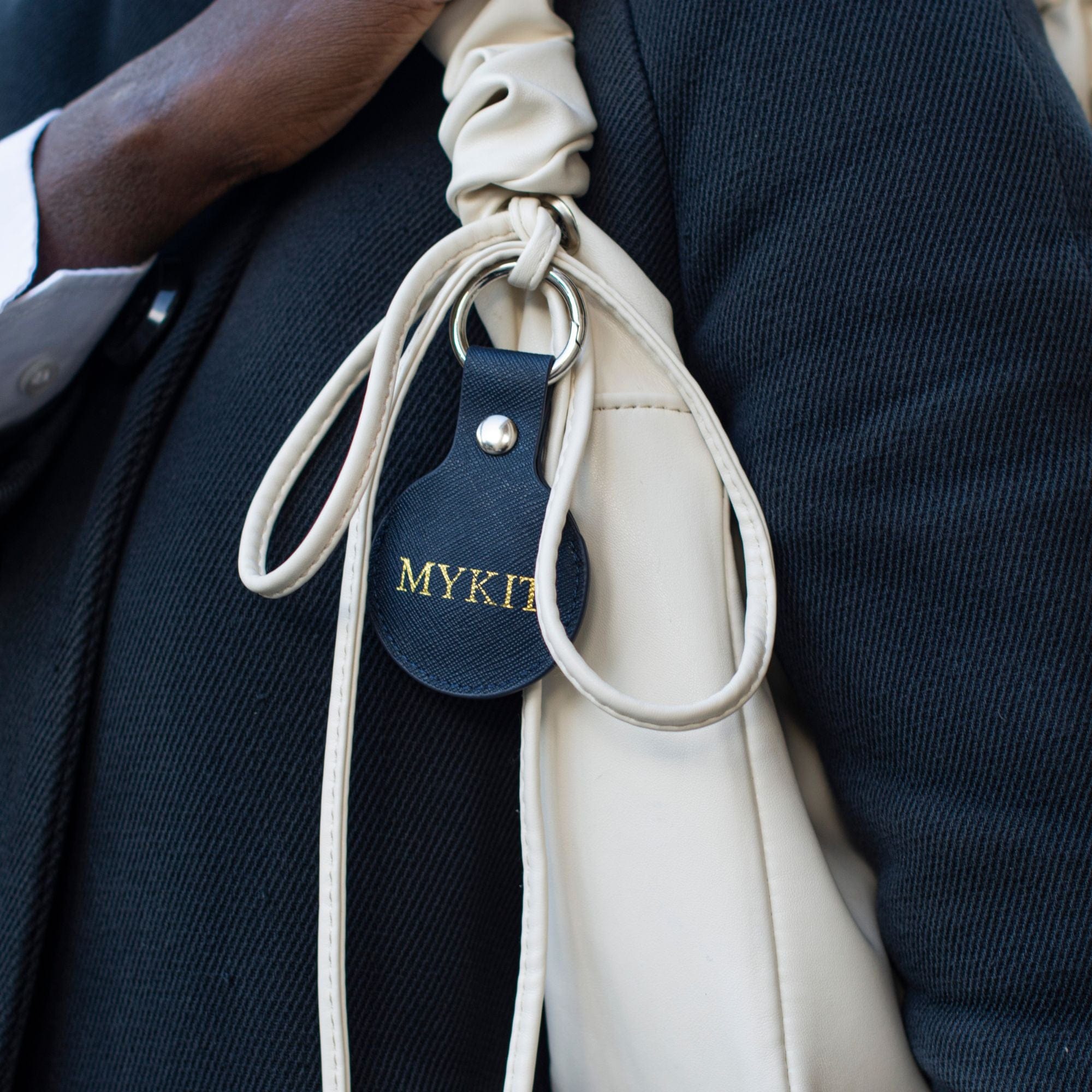 Navy Saffiano Leather Personalized Airtag Keyring