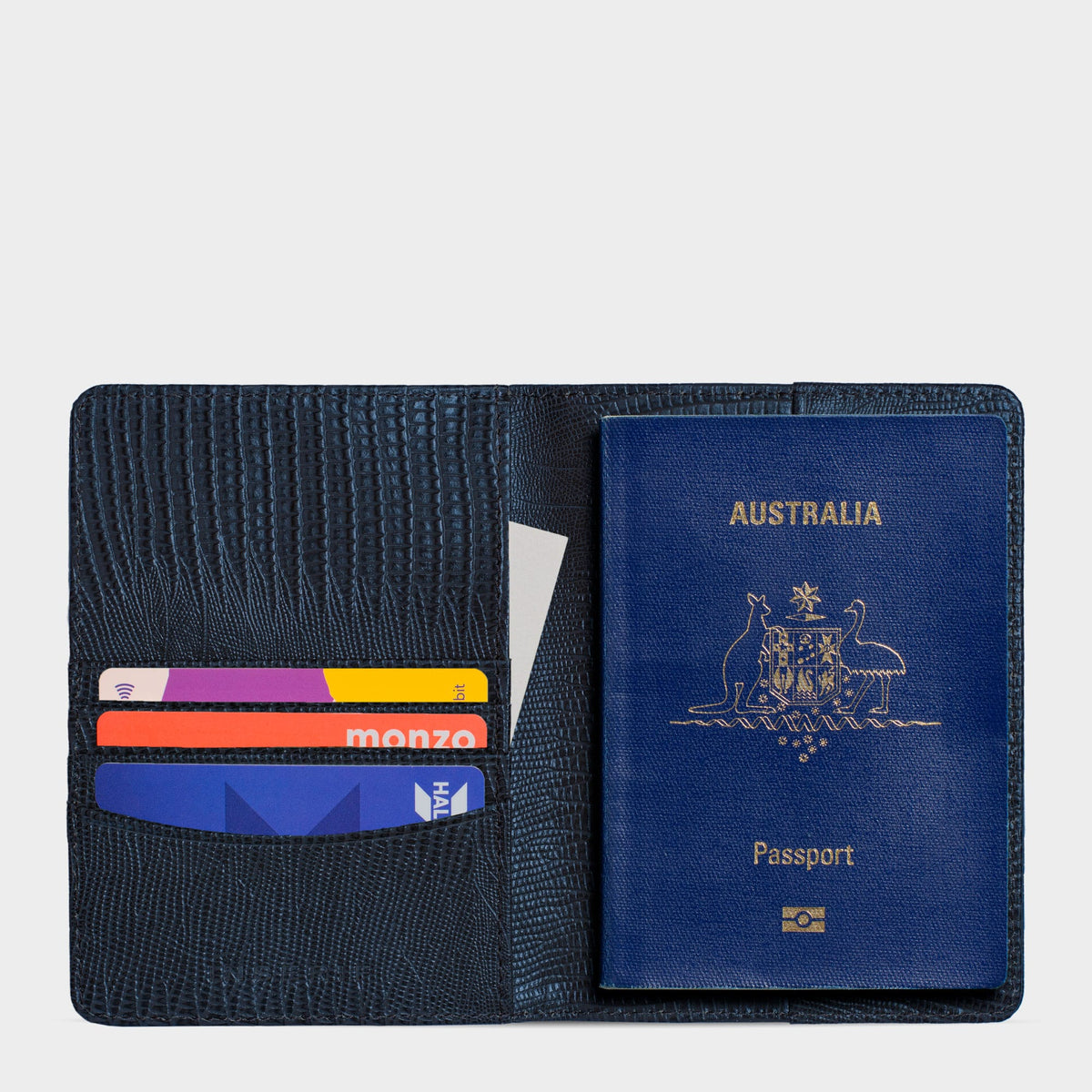 Navy Lizard Leather Personalized Passport Holder