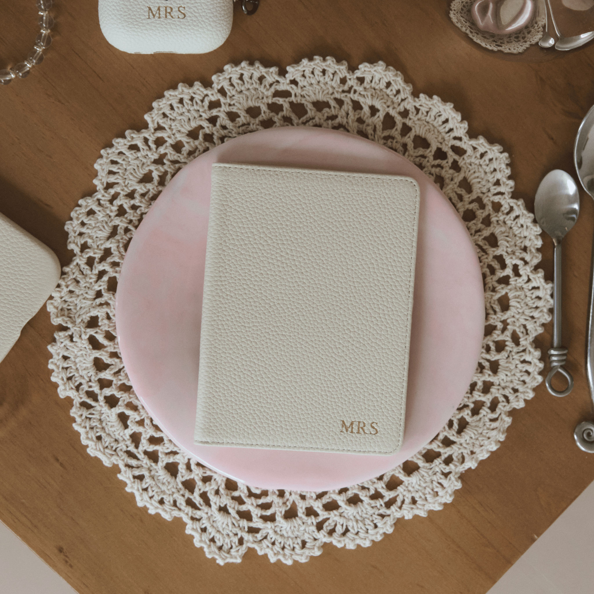 White Pebble Leather Personalized Passport Holder